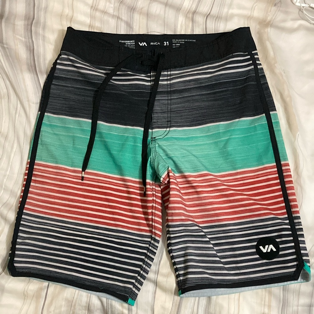 RVCA Men's Striped Swim Shorts - Black, Green, Red